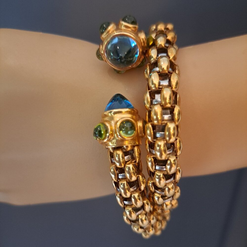 FOPE 18K White Yellow Gold Twist Snake Blue Green Cabochons VTG 1989 RARE